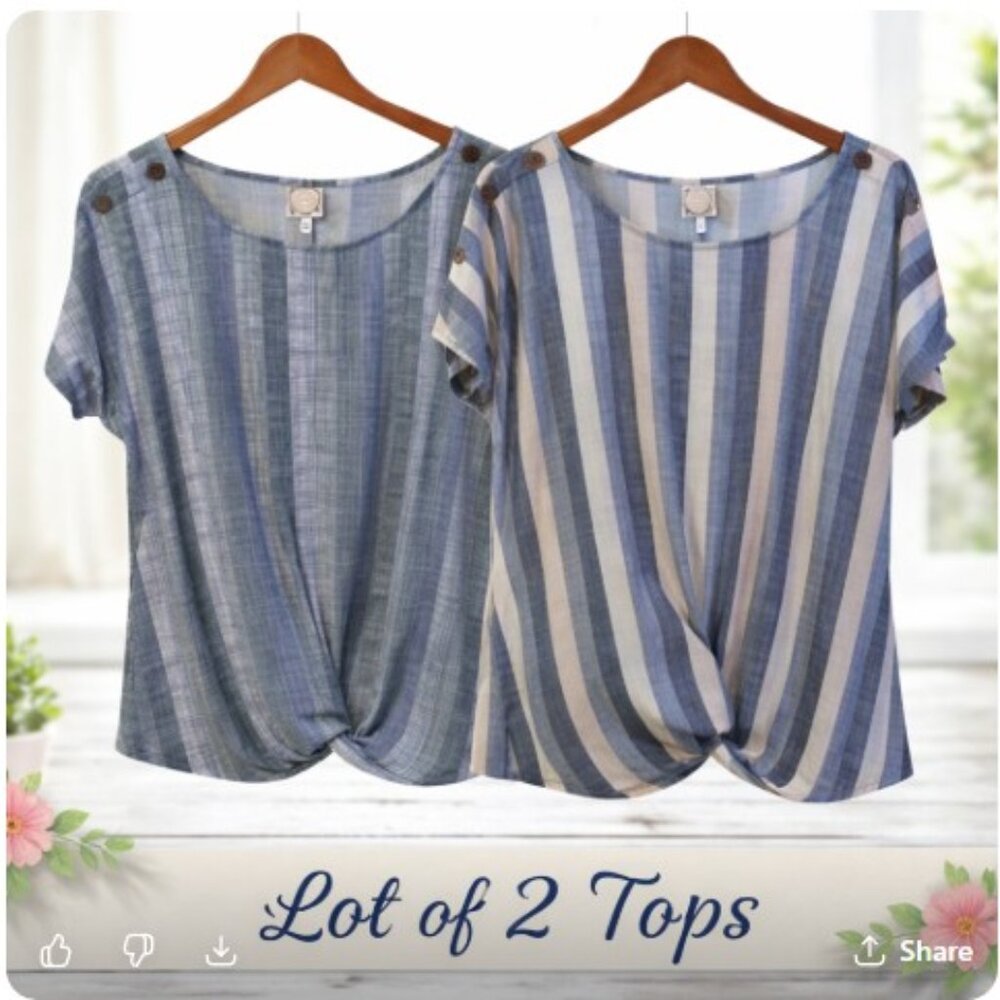 True Self Lot of 2 Women’s 2X Tops Blue White Striped & Plaid Knot Front